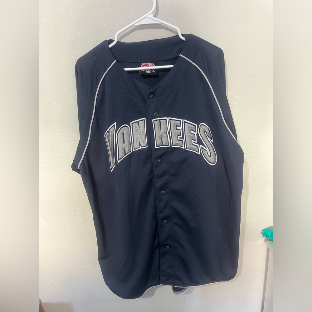 New York Yankees Dynasty Button Up Short‎ Sleeve Navy Blue Jersey Men’s XL